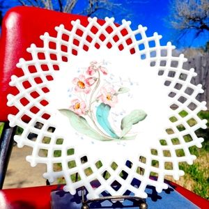 Vintage EAPG lattice edge milk glass decorative plate Challinor, Taylor & Co